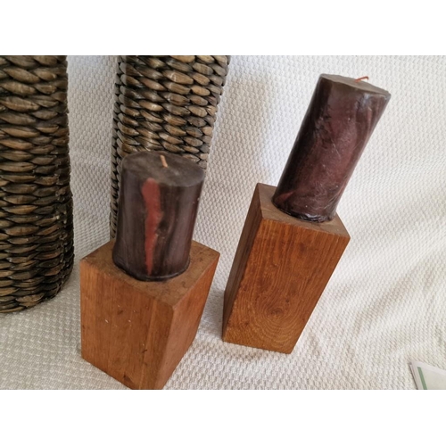 697 - Pair of Tall Rattan Candle Holders, Cylindrical Shape, (Approx. H: 50cm), Together with 2 x Solid Wo... 