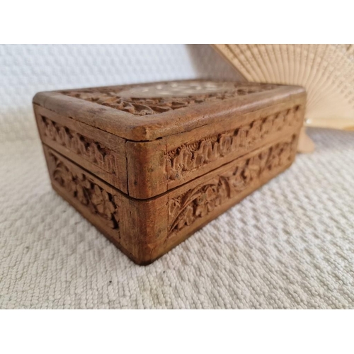 698 - Ornate Carved Wood Oriental Style Lidded Box with Inlaid Top, Hinged Lid and Blue Fabric Liner, Toge... 