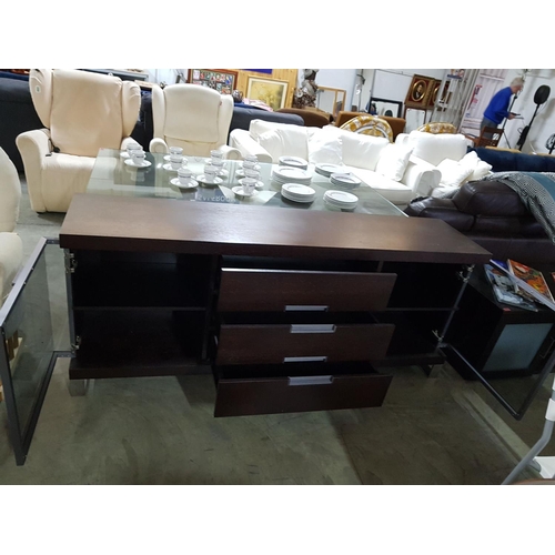 166 - Modern Buffet / Sideboard Cabinet, 3 - Drawers, 2 x Glass Front Doors, Dark Brown Colour (45.5 x 194... 