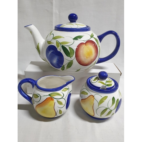 174 - London Pottery Tea Set with Fruit Pattern; Tea Pot, Sugar Bowl with Lid and Cream Jug (3)