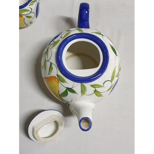 174 - London Pottery Tea Set with Fruit Pattern; Tea Pot, Sugar Bowl with Lid and Cream Jug (3)