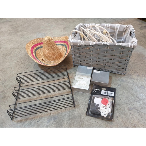 285 - Assorted Collection of Large Basket, Sombrero Hat, Metal Shelf Cables, Glass Coaster and Others