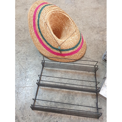 285 - Assorted Collection of Large Basket, Sombrero Hat, Metal Shelf Cables, Glass Coaster and Others