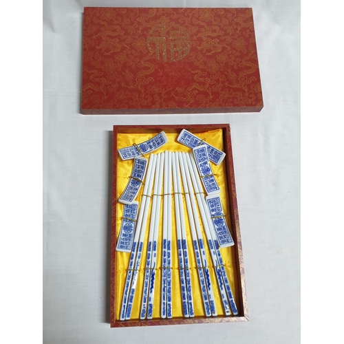 300 - Blue and White Porcelain Chopsticks with Rests in Display Box (6 x Pair and 6 x Rests)