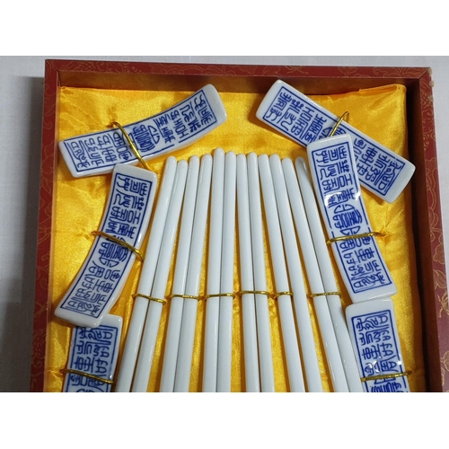 300 - Blue and White Porcelain Chopsticks with Rests in Display Box (6 x Pair and 6 x Rests)