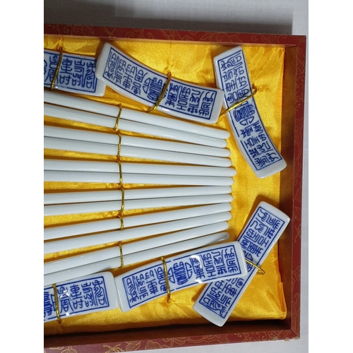 300 - Blue and White Porcelain Chopsticks with Rests in Display Box (6 x Pair and 6 x Rests)