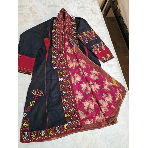 427 - Decorative Turkmen Robe with Black Body Colour, Red, White & Yellow Embroidery and Russian Cotton Fl... 