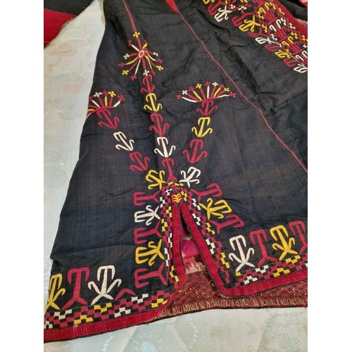 427 - Decorative Turkmen Robe with Black Body Colour, Red, White & Yellow Embroidery and Russian Cotton Fl... 