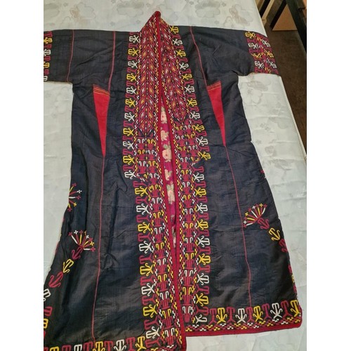 427 - Decorative Turkmen Robe with Black Body Colour, Red, White & Yellow Embroidery and Russian Cotton Fl... 