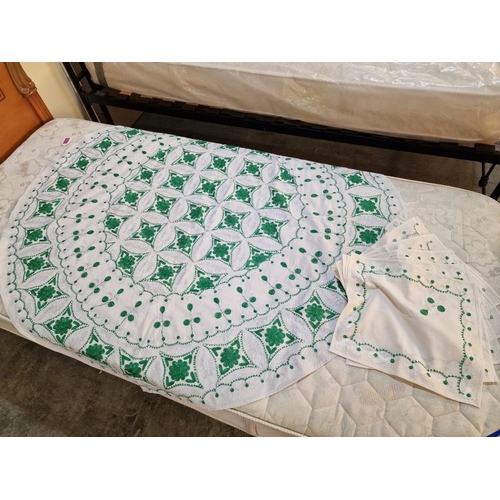 428 - Round Table Cloth, Cream Colour with Decorative White and Green Embroidery, (Approx. Ø: 140cm), Toge... 