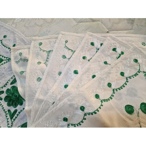 428 - Round Table Cloth, Cream Colour with Decorative White and Green Embroidery, (Approx. Ø: 140cm), Toge... 