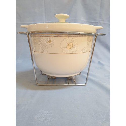 419 - Ceramic Dish with Lid in Metal Stand / Warmer Together with Large Rectangular Serving Dish on Metal ... 