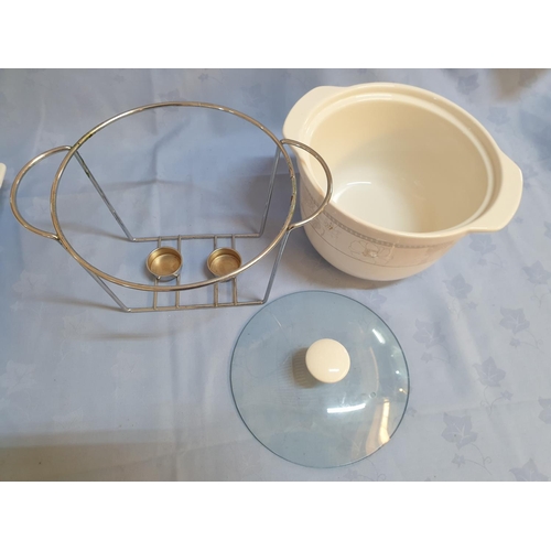 419 - Ceramic Dish with Lid in Metal Stand / Warmer Together with Large Rectangular Serving Dish on Metal ... 