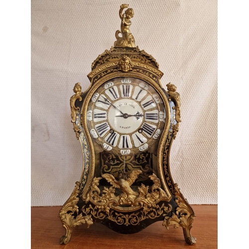 405 - French Regency Boulle Mantel Clock, Marked 'Jean Le Noir, Paris', Decorative 3-Glass Shaped Case wit... 