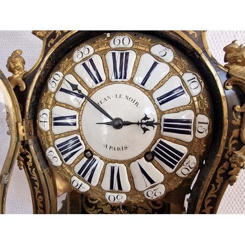 405 - French Regency Boulle Mantel Clock, Marked 'Jean Le Noir, Paris', Decorative 3-Glass Shaped Case wit... 