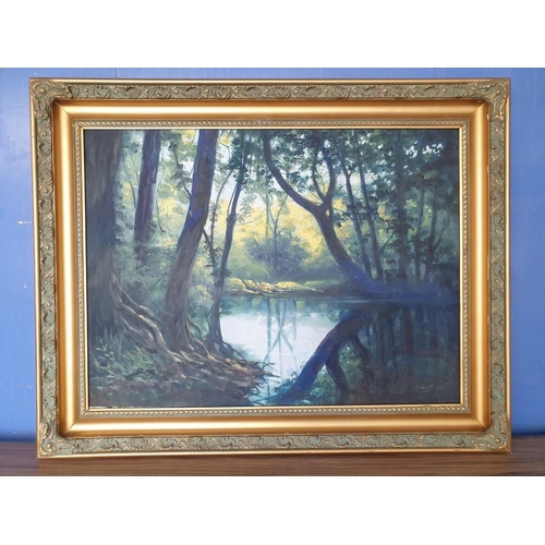 407 - Large Oil On Canvas of Wooden Lake Scene, Signed Lower Right (Unknown Artist) in Substantial 
Gilt F... 