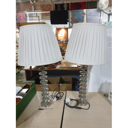 709 - Pair of Modern Chrome Lamps with White Fabric Fluted Lamp Shades