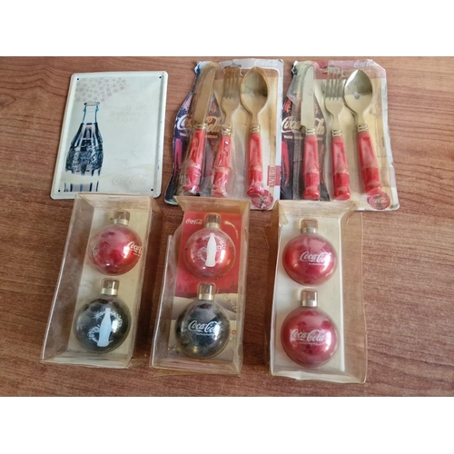 146 - Collection of Coca-Cola Items; 2 x Packs of Cutlery, 3 x Twin Packs of Bauble Decorations and a Meta... 