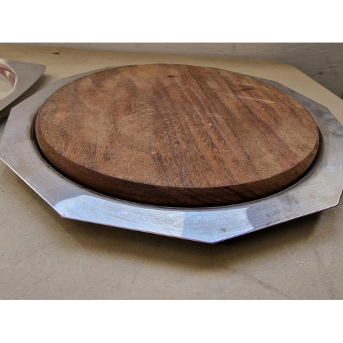 354 - Wooden Chopping Board with White Metal Cow's Head & Tail Corners, Together with 2 x Stainless Steel ... 