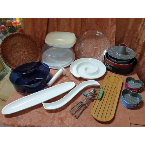 356 - Assorted Kitchen Items; Quantity of Baking Moulds, Snack Dishes, Retro Hand Mixer Cake Holder, Large... 