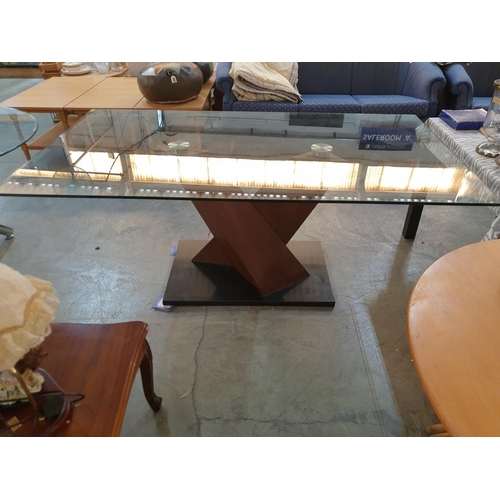 361 - Modern Glass Top Dining Table Large Rectangular on Solid Wood Cross Legs and Marble Base (100 x 180 ... 