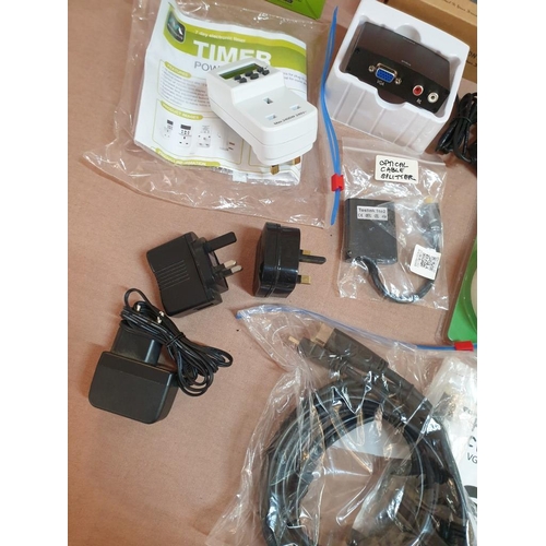 368 - Large Box of Assorted Electronic Accessories inc; Converters, Smoke Alarm, Adaptors, Power Bank, Plu... 