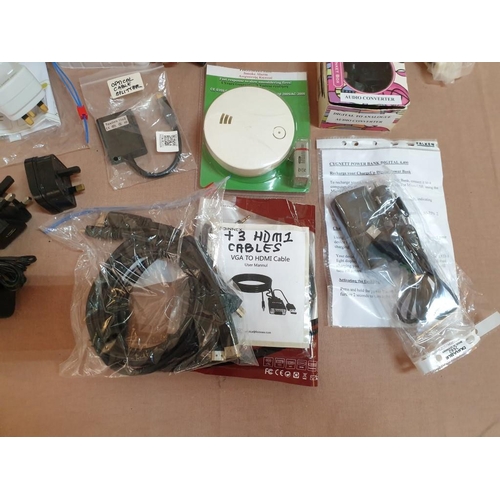 368 - Large Box of Assorted Electronic Accessories inc; Converters, Smoke Alarm, Adaptors, Power Bank, Plu... 