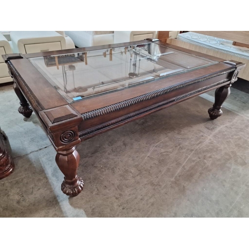 461 - Large Classical Style Dark Wood Rectangular Coffee Table with Glass Top, Carved Surround and Legs, (... 