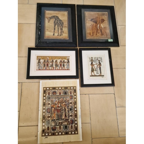 518 - 2 x Framed African Pictures of Elephant and Giraffe, Together with 3 x Egyptian Papyrus Pictures, (5... 