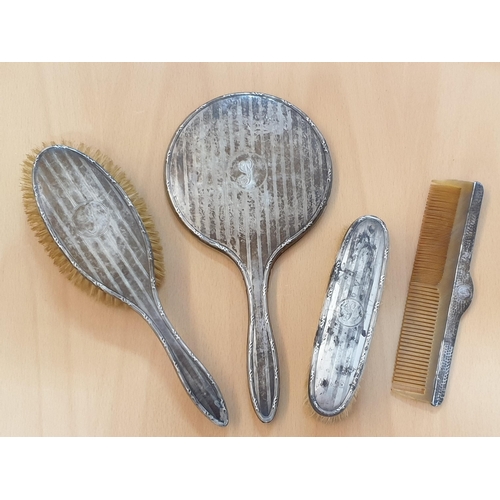 552 - Silver Hallmarked Vintage Probably Art Nouveau Vanity Set; Mirror, Brush, Comb, Cloth Brush