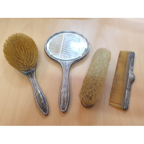 552 - Silver Hallmarked Vintage Probably Art Nouveau Vanity Set; Mirror, Brush, Comb, Cloth Brush