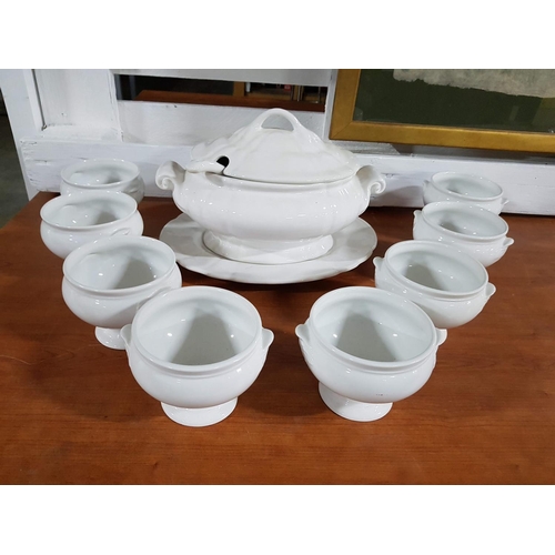 104 - White Crockery Soup Tureen with Ladle and 8 x Pedestal Small Soup Bowls