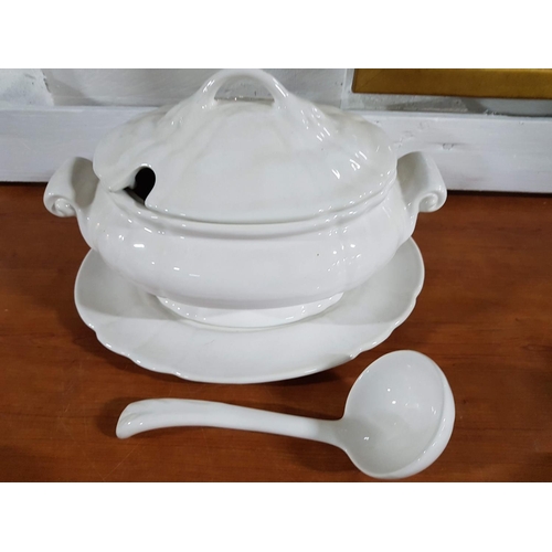 104 - White Crockery Soup Tureen with Ladle and 8 x Pedestal Small Soup Bowls