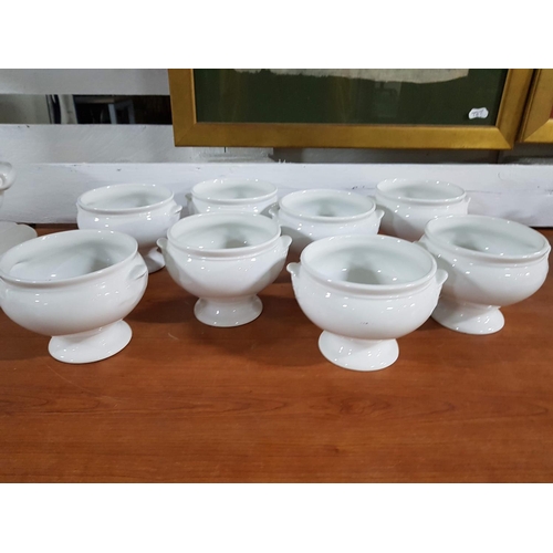 104 - White Crockery Soup Tureen with Ladle and 8 x Pedestal Small Soup Bowls