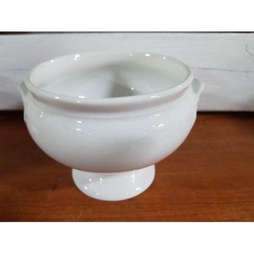 104 - White Crockery Soup Tureen with Ladle and 8 x Pedestal Small Soup Bowls