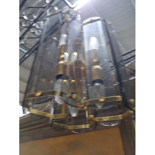 105 - Retro Smoked Glass Panels and Brass Effect Chandelier Hanging Lights (Un-Tested)