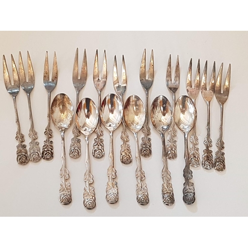 136 - Retro Dessert Cutlery; 6 x Spoons, and 11 x Forks Silver Plated with Floral Pattern Handles