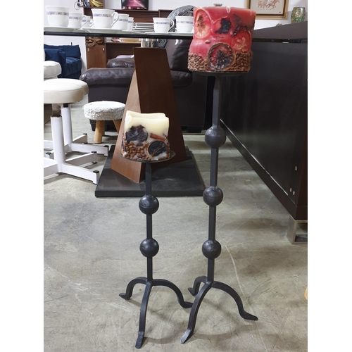 173 - Pair of Art Cast Iron Candle Sticks with Decorative Candles (H:65 & H:46cm)