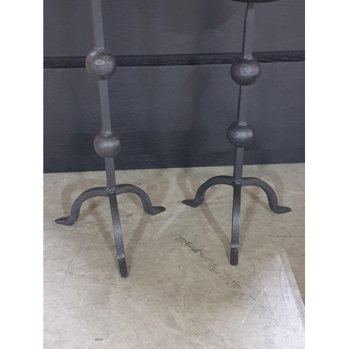 173 - Pair of Art Cast Iron Candle Sticks with Decorative Candles (H:65 & H:46cm)