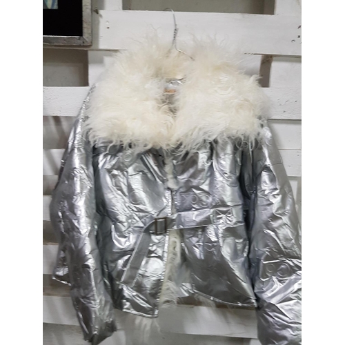 199 - Faux Fur Trim Collar Metalic Short Coat in Silver (Size M/L)