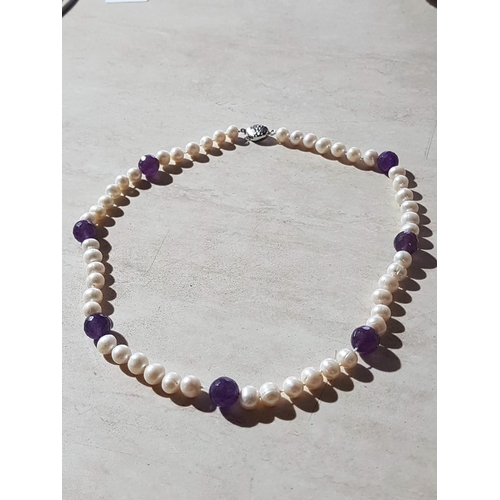 22 - Stylish Pearl / Amethyst(?) Necklace with Silver Clasp, (L:55cm)