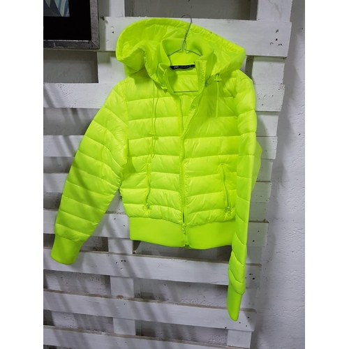 264 - Zara Neon Yellow Puffer Jacker with Hood and Zip, Size Eur M/USA M