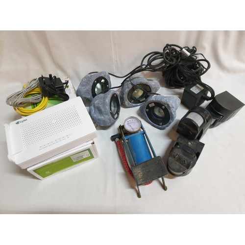 270 - Assorted Box of Rock Spots Garden Lights, Motion Sensors, Vintage Foot Pump and Others A/F