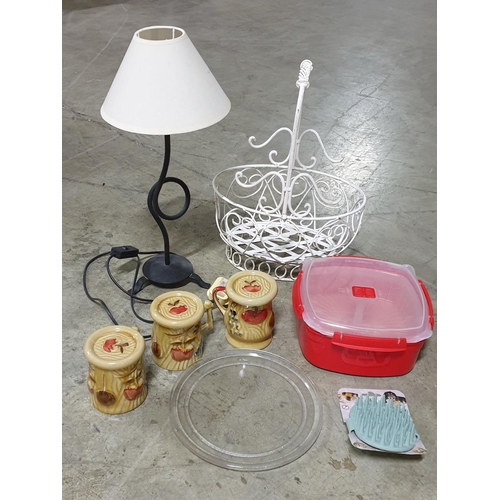 304 - Assorted Box with Metal Fruit Basket, Table Lamp *Basic Test and Working when Lotted* Ceramic Mugs w... 