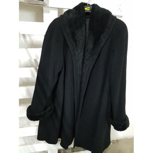 335 - Black Woolen (80%) Ladies Coat / Cape, Size 14