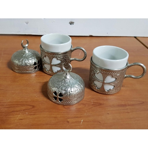 91 - Traditional Turkish Coffee / Tea Set (2 x Coffee Cups with Holders and Lids, 2 x Tea Cup with Holder... 