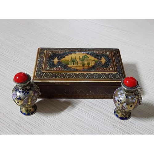 317 - Oriental Style Inlay Jewellery Box (14.5cm x 8.5cm x 5cm) Together with 2 x Oriental Metal Perfume B... 