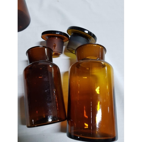 186 - Collection of Vintage Apothecary Jars, Amber Glass Chemist Storage Container with Original Stoppers ... 