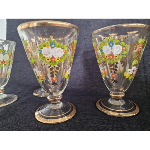 134 - 4 x Persian Vintage Hand Blown Glasses with Hand Painted Flowers and Gold Trim, (4)