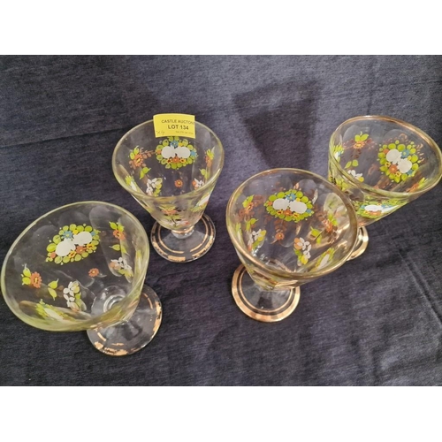 134 - 4 x Persian Vintage Hand Blown Glasses with Hand Painted Flowers and Gold Trim, (4)